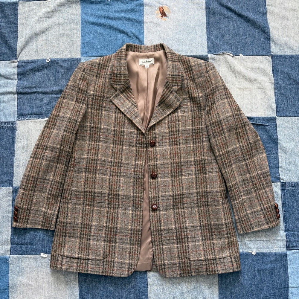 LL Bean vintage 90s plaid wool blazer blue green tan size 14 made in USA